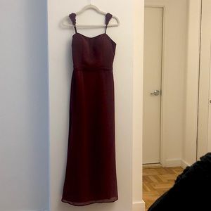 Morilee Burgundy/Wine/Bordeaux colored chiffon gown with floral straps.